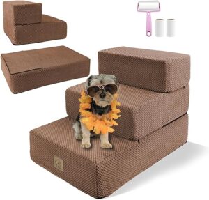 3-stufige Hundetreppe, Schaumstofftreppe mit abnehmbarem Oberteil, Haustierleiter mit hochdichtem Schwamm, waschbarer Plüschbezug für kleine verletzte alte Katzen Hunde
