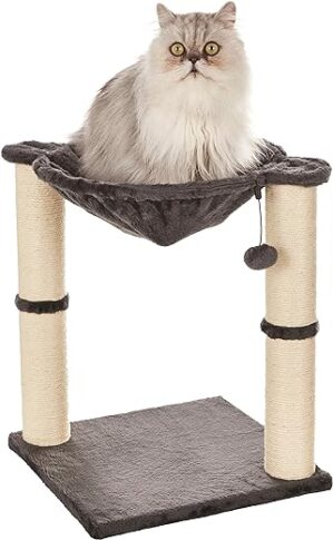 Amazon Basics – Katzen-Kratzbaum mit Haus, Hängematte, Bett und Kratzstamm, 41 x 51 x 41 cm, grau
