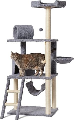 Amazon Basics Katzen-Kratzbaum mit Haus, Hängematte und Tunnel, 65 x 157 x 49 cm, grau