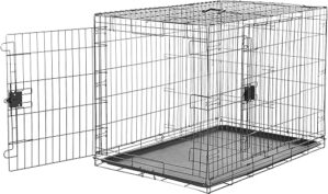 Amazon Basics Zusammenklappbarer Hundekäfig aus Metalldraht mit Bodenschale, Doppeltür, Schwarz, L 107 x B 71 x H 76 cm