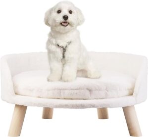 BingoPaw Hundesofa Hundecouch für kleine Hunde, erhöhtes Haustiersofa Hundebett mit Plüsch Hundekissen, katzensofa große Katzen, 61.5×32.8cm weiß