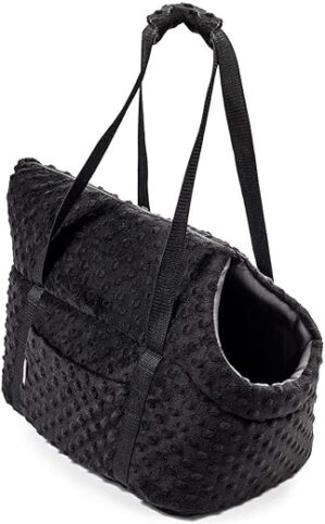 BOUTIQUE ZOO Hundetasche, Welpentasche – Schwarz (Minky), XS bis 3 kg – Tragetasche für kleinen und mittleren Hund, Welpen, Katze