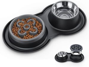 BurgeonNest Slow Feeder Hundenäpfe, 765 ml, Edelstahl, 4-in-1-Futter- und Wassernapf mit auslaufsicherer Silikonmatte, Blähstop, langsames Fressen, Puzzle-Napf für mittelgroße…