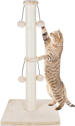 Dimaka 73 cm Kratzbaum, natürliches Sisalseil, Kratzbaum mit 4 Spielzeugbällen für große Katzen (Beige)