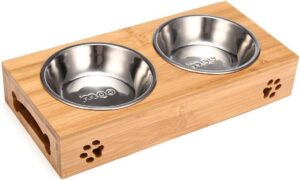 Doppelte einzelne Hundenäpfe für Haustier Welpen Edelstahl Bambus Rack Futter Wassernapf Futternapf Haustier Katzen Futterschalen Hunde Trinknapf (Farbe: Gelb Größe: Doppelnapf)