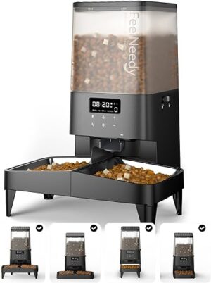 FEELNEEDY Futterautomat Katze 2 Näpfe, 5L Automatisierte Futterspender für Katzen und Hunde mit 10s Voice Recorder, Zwei Katzen Futterautomat Trockenfutter bis zu 6 Mahlzeiten…