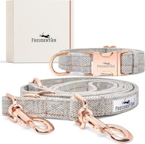 FREUDENTIER® Hundehalsband und Hundeleine im eleganten Set – 2m Leine, 3-Fach verstellbar – Robust & Winterfest | Das Original (37-58cm)
