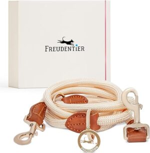 FREUDENTIER runde Führleine “Harmony Sand” für große Hunde | 2m lang & 3-Fach verstellbar | Stilvoll abgerundet mit braunen Lederelementen