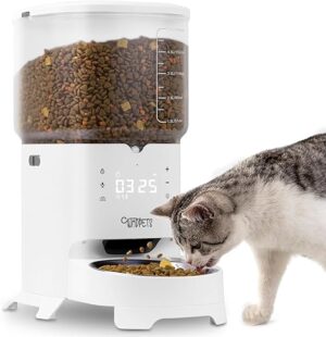 Futterautomat für Katze, 6L Touchscreen Automatischer Futterspender für Katze und Hunde, Trockenfutterspender mit Edelstahlnapf, bis zu 50 Portionen und 6 Mahlzeiten pro Tag