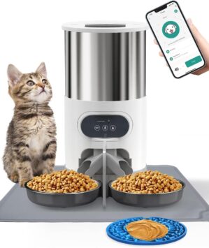 Futterautomat für Katze und Hund, WiFi Automatischer Futterspender mit Futtermatte, 4.5L Intelligenter Futternapf für Hunde mit Timer und Entfernt App Control, 10s Voice…