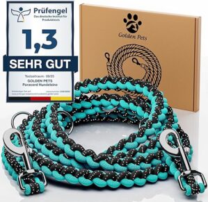 Golden Pets leichte Hundeleine I 2m, 4-Fach verstellbar I reflektierend, wetterfest & robust I geflochtene Paracord Führleine I kleine – große Hunde + Gratis E-Book