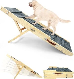 Große Hund Rampe, 120 cm lang und 40 cm breit, faltbar aus Holz, tragbar und verstellbar von 30 cm bis 75 cm mit rutschfester Matte, Hund Rampe für Auto, Bett, Sofa, bewertet…