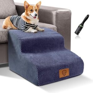 HEVOL Hundetreppe 2 Stufen,40cm Hogh Haustiertreppe Katzentreppe aus Schwamm für Hunde&Katzen,Tragbar Waschbar Haustierleiter für Sofa Bett-Senden 1 Fusselrolle