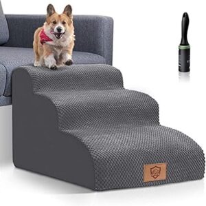 HEVOL Hundetreppe 3 Stufen,Hochwertige Schwamm Hundetreppe für Kleine Hunde, Tragbare Haustiertreppe Katzentreppe mit Waschbarer Bezug für Sofa Bett,Senden 1 Fusselrollen