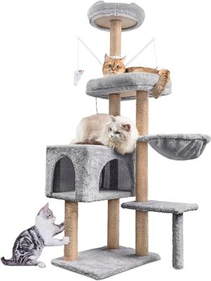 HOMIDEC Katzen Kratzbaum, 145 cm Katzenbaum Kletterturm, Kletterbaum Aktivitätskratzbäum mit Säulen vollständig mit Sisal umwickelt, Katzenspielzeug, Katzen Höhle, Plattformen,…