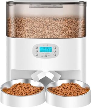 HoneyGuaridan Futterautomat Katze 2 näpfe, 6L Futterautomat für Katzen mit Timer, Splitter und 2 Edelstahlnäpfen, 1-6 Mahlzeiten pro Tag & 10s Sprachnachricht – für…