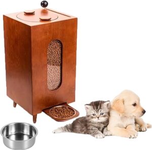 Hundenapf, Haustierteller, Haustier-Futterstation, Aufbewahrungsstation für Haustierfütterung, mit Edelstahlnapf, geeignet für große Hunde und andere Haustiere aus Holz,A-M