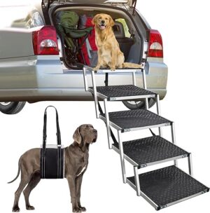 Hundetreppe Auto, Hunderampe Auto klappbar, Haustiertreppe, 5 Stufen Hundeleiter bis 70kg, Rampe Hunde Treppe für die Für kleine, mittlere, große Hunde