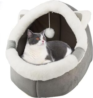 Katzenbetten für den Innenbereich mit hängendem Spielzeug, kleines Hundehöhlenbett mit Anti-Rutsch, Kätzchen-Zelt, abnehmbares gepolstertes Kissen, superweiche