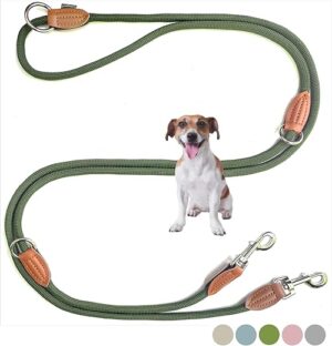 Leisegrün Hundeleine kleine Hunde leicht | Führleine 3m verstellbar mit 2 Karabiner | 3 Meter lang x 0,8 cm | Nur 200 g | Modell Devon | Olivgrün