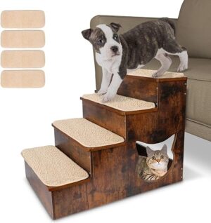 Midyb Hundetreppe 4 Stufen, rutschfeste Katzentreppe aus Holz für Sofa, Hundetreppe mit Katzenloch für Große Hunde & Katzen, Leiter bis zu 80 kg, 39x60x47cm
