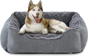 MIXJOY Hundebett Mittelgroße Hunde, Hundekorb in Leinenoptik, Waschbar, erhöhte Ränder, rutschfest Hundebetten HundeköRbchen, Hundesofa M für Mittelgroße Hunde,63 x 53 x 20cm Grau