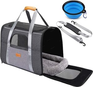 morpilot Katzentragetasche Hundetragetasche, Atmungsaktive Hundetasche Transportbox für Katze und Hund von 20 Pfund, Haustiertragetasche mit Schultergurt und Faltbare Hundenapf