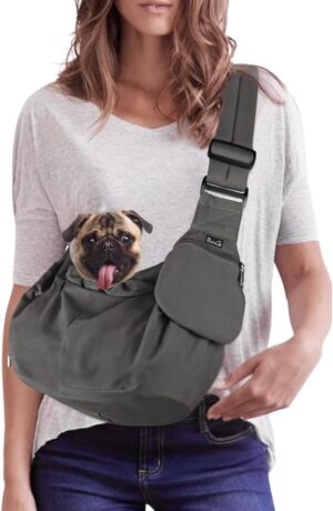 Nasjac Tragetasche Hund, Hand frei Hundetragetuch mit Bodenstützen Komfortable hundetasche mit Verstellbarem Gepolstertem Schultergurt und Reißverschlusstasche für klein Hunde…