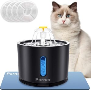 Parner Katzenbrunnen, Trinkbrunnen Wasserspender für Katzen mit Wasserstand Fenster, 2.4L Cat Water Fountain Rostfreier mit 4 Stück Hygienefilter & 1 Silikonmatte für Haustiere…