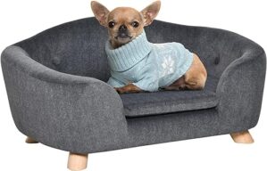 PawHut Haustiersofa Hundematte Hundebett Hundesofa Hundecouch Katzen Sofa mit Kissen Rückentasche Plüsch Schaumstoff Kiefernholz Dunkelgrau 70 x 47 x 30 cm