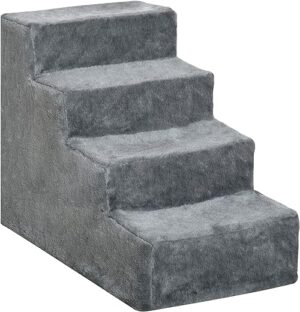 PawHut Haustiertreppe 4-stufige Hunderampe mit Abnehmbarer Bezug Katzentreppe Hundetreppe Tiertreppe Plüsch Grau 60 x 35 x 44 cm