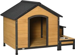 PawHut Hundehütte aus Holz Hundehaus Kleintierhaus mit 2 Hundeschüsseln Asphaltdach Outdoor wetterfeste Hütte für draußen Tannenholz Naturholz 130 x 93 x 92 cm