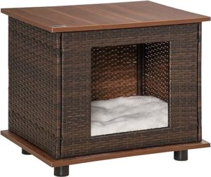 PawHut Rattan Hundehütte Hundehaus mit Kissen Hundehöhle Hundematratze Haustierbett für drinnen und draußen Spanplatte Braun 60 x 44 x 51,5 cm