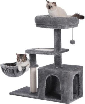 PAWZ Road Kratzbaum für kleine Katzen, Plüsch-Katzenturm mit großer Katzenwohnung, tiefer Hängematte und Sisal-Kratzbaum für Kätzchen