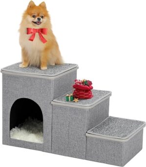 PETEPELA Faltbare Hundetreppe 3 Stufen Haustiertreppe für kleine Hunde mit Stauraum, 3 Schritte zu Couch