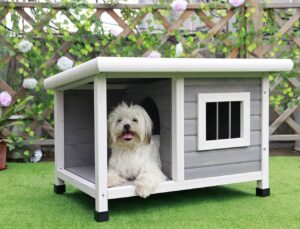 Petsfit Hundehütte aus Massivholz, Hundehaus mit Balkon Wetterfeste Hundehütte mit Asphalt Dach Hundehaus Outdoor Winterfest mit Terrasse & Fenster, 85 cm x 62 cm x 58 cm, Hellgrau
