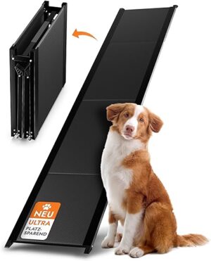 PFOTENKÖNIG® Hunderampe – bis 90kg – [PLATZWUNDER] – stabile Premium Hunderampe Auto klappbar – Anti-Rutsch Hunderampe Auto aus Leicht-Alu – passt für alle Fahrzeuge