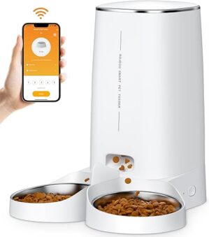 ROJECO Futterautomat 2 Näpfe für Katze Hund 4L WiFi APP-Automatisierte Waschbar Futterspender Katzenfutter mit Timer & Edelstahlschüssel, 1-10 Mahlzeiten pro Tag für…