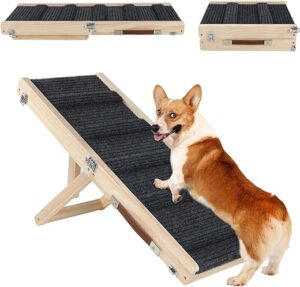 Sbayool Hunderampe für Kleine Hunde und älteren, Katzen Rampe Hundetreppe 4 Höhenverstellbare von 25CM bis 48CM mit Rutschfester Trittmatte, Hölzerne Haustierrampe Klappbar für…