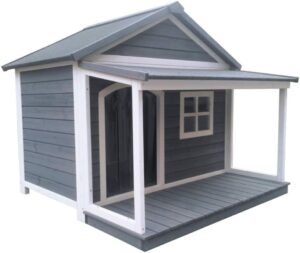 SunnyDogs Hundehütte aus Massivholz | wetterfeste Hundehütten mit Satteldach | isoliertes Hundehaus | Outdoor Hütte mit Vordach, Terrasse & Fenster | B 130 x T 118 x H 108 cm