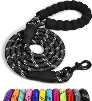 Taglory Hundeleine mit bequemen gepolsterten Griff, robuste Hundeleine zum Trainieren und Gassi gehen, 150×1.2cm Reflektierend Führleine aus weichem Nylon für große Hunde, schwarz