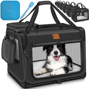 TRESKO® Hundebox faltbar inkl. Leckmatte und Spatel M 61x42x42cm | Transportbox für Hunde und Katzen | Hundetransportbox für kleine & große Hunde | Hundetasche robust Schwarz