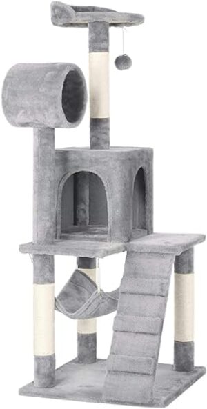Yaheetech Katzenbaum 130 cm Kratzbaum Katzenkratzbaum, Katzen Kletterbaum mit Aussichtsplattform Katzenhöhle Sisalstämme, Hellgrau