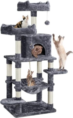 Yaheetech Kratzbaum 150 cm Katzenkratzbaum mit 2 Kuscheligen Aussichtsplattformen Sisal Katzenmöbel Kletterbaum für große Katzen, Dunkelgrau