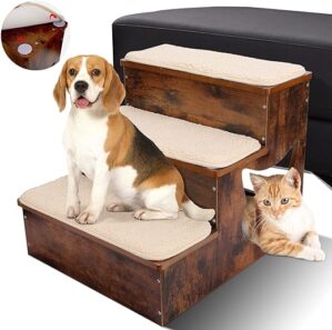 ZNM 3 Stufen Hundetreppe aus Holz, Haustiertreppe für Sofa und Bett, Katzentreppe Haustierleiter mit rutschfeste Teppich für Kleine Hunde und Katzen, Bis zu 80 kg Tragkraft