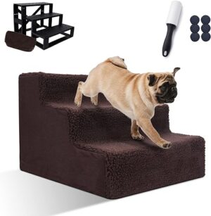 Zvonema Hundetreppe 3 Stufen-breitere Haustiertreppe,Katzentreppe,rutschfest Haustiertreppe für Bett Sofa,Tragbar Hunderampe,Abnehmbare,Waschbar,mit 1 Fusselrolle