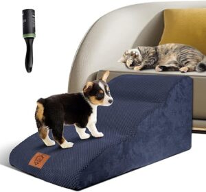 Zvonema Hundetreppe für Kleine Hunde, 3-Stufen Verlängert Katzentreppe, Abnehmbar Waschbar Schwamm Hunderampe, Haustiertreppe Hundeleiter für Sofa Bett – Senden 1 Fusselrollen