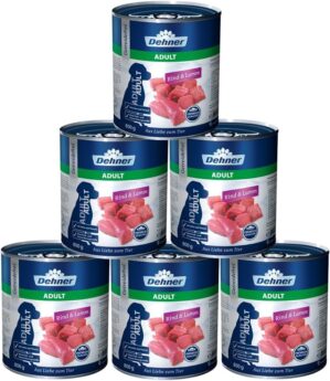 Dehner Premium Hundefutter, Nassfutter getreidefrei, für ausgewachsene Hunde, Rind / Lamm, 6 x 800 g Dose (4.8 kg)