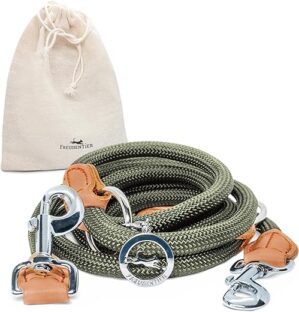 FREUDENTIER® Hundeleine für mittelgroße & große Hunde – 2m Länge & 3-Fach verstellbar – Führleine aus robustem Nylon abgerundet mit stilvollen braunen Lederelementen (grün)
