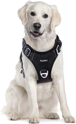 Funfox Hundegeschirr für Große Hunde No Pull Geschirr Einstellbar Anti Zug Sicherheitsgeschirr , Geschirrset Mittlere Hunde Brustgeschirr , Groß Atmungsaktiv Dog Harness Schwarz L